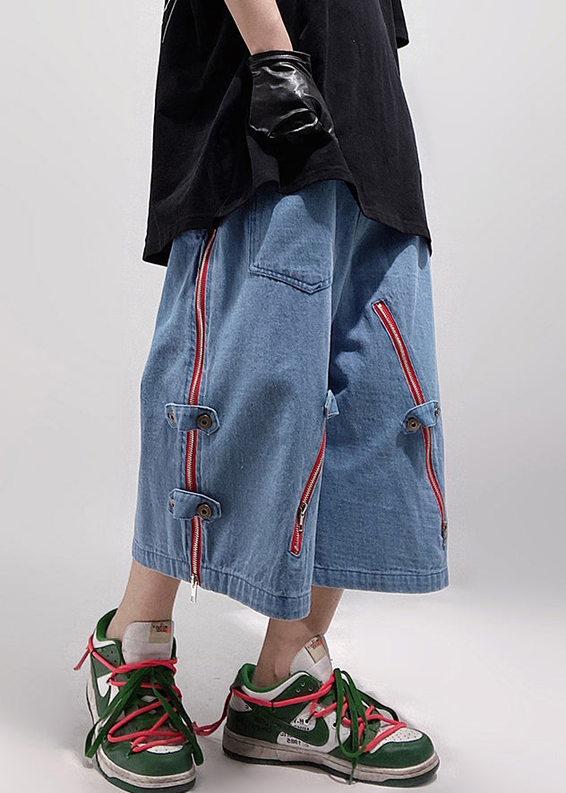 Original Design Blue Zippered Pockets Oversized Denim Shorts Summer