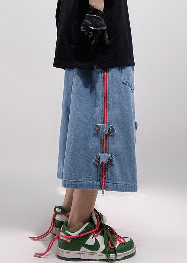 Original Design Blue Zippered Pockets Oversized Denim Shorts Summer