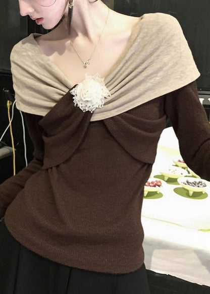 Original Design Brown Patchwork Knit Sweaters Spring