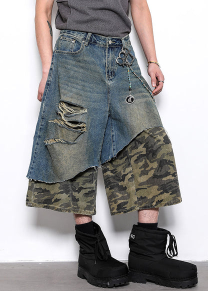 Original Design Camouflage Hole Patchwork Denim Crop Pants Summer