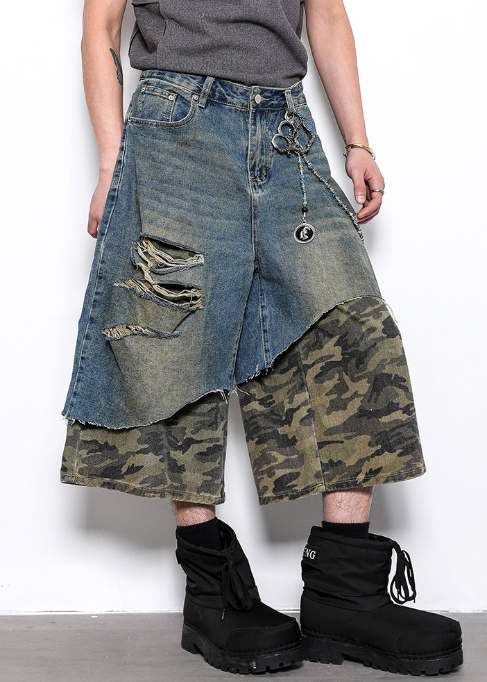 Original Design Camouflage Hole Patchwork Denim Crop Pants Summer