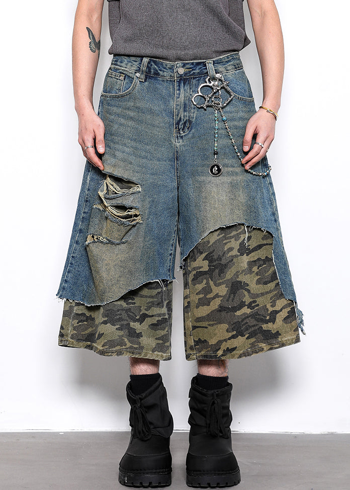 Original Design Camouflage Hole Patchwork Denim Crop Pants Summer