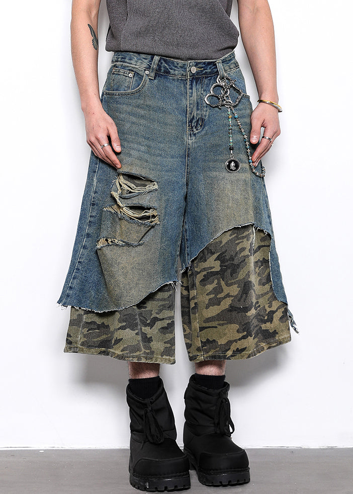 Original Design Camouflage Hole Patchwork Denim Crop Pants Summer