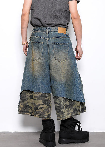 Original Design Camouflage Hole Patchwork Denim Crop Pants Summer