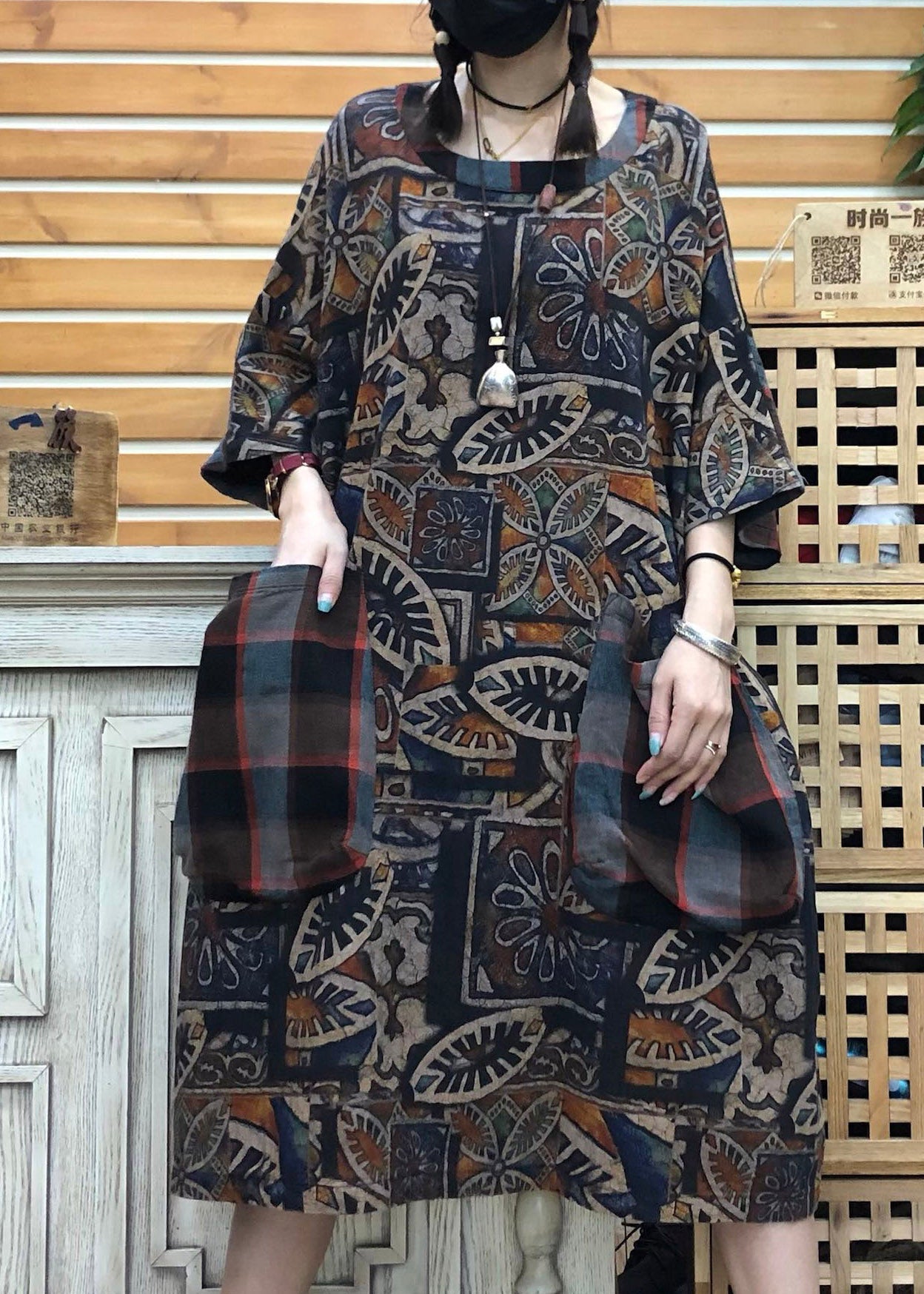 Original Design Chocolate O-neck Print Patchwork Pockets Linen Dress Half Sleeve