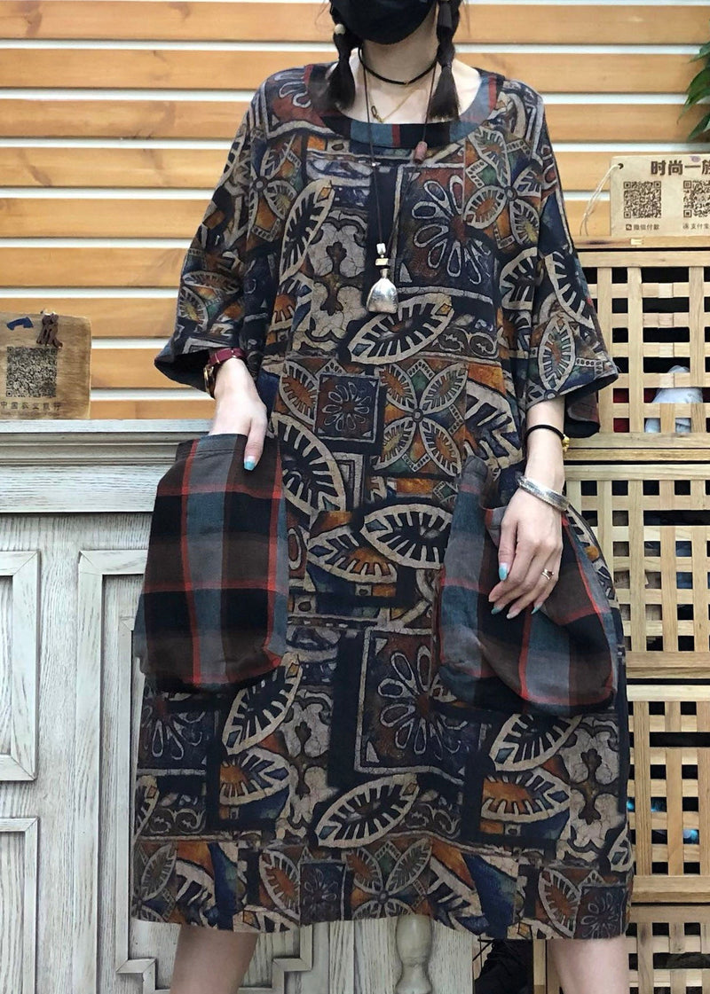 Original Design Chocolate O-neck Print Patchwork Pockets Linen Dress Half Sleeve