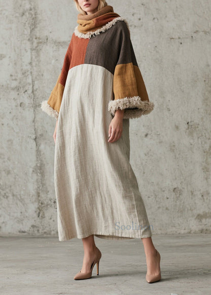 Original Design Colorblock Fuzzy Fur Patchwork Cotton Dress Fall