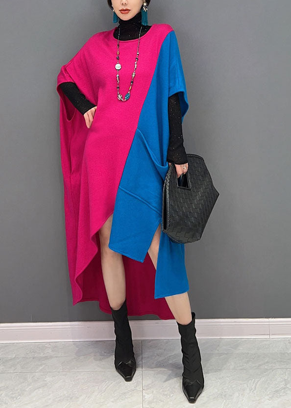 Original Design Colorblock O-neck Asymmetrical Patchwork Cotton Long Dresses Spring