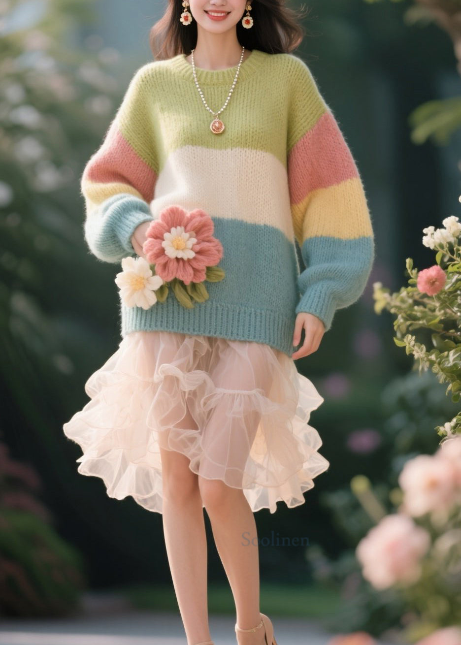 Original Design Colorblock O Neck Knit Pullover Fall