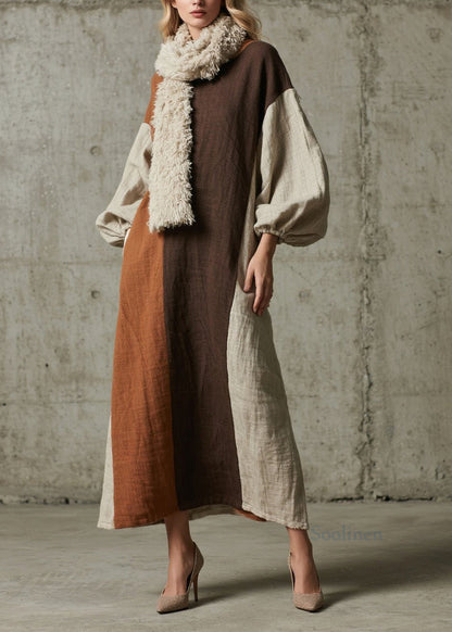 Original Design Colorblock Patchwork Cotton Long Dress Fall