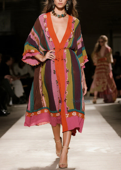 Original Design Colorblock V Neck Cotton Dress Spring