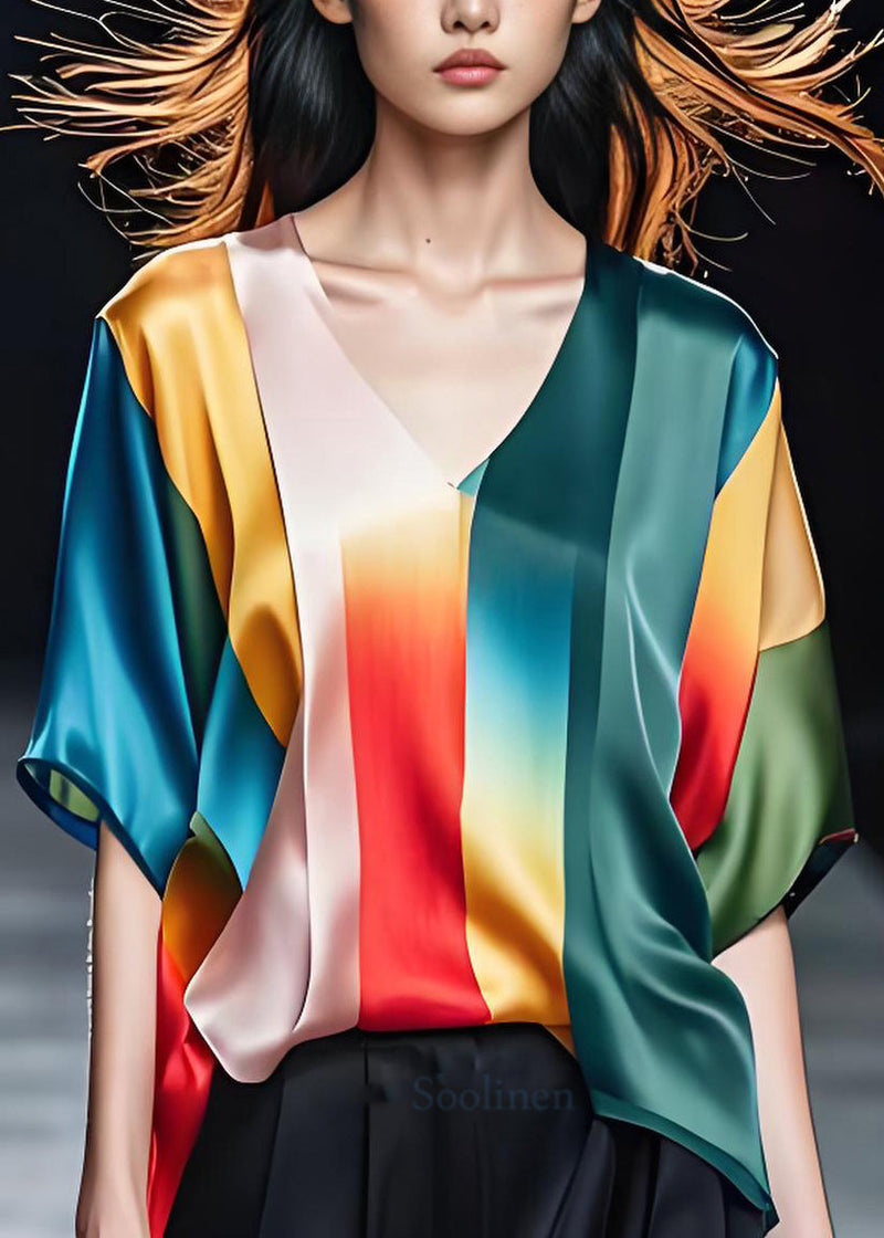 Original Design Colorblock V Neck Silk Top Summer