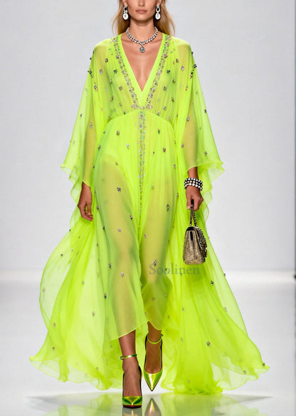 Original Design Fluorescent Green Rhinestone Exra Large Hem Chiffon Party Dresses Summer