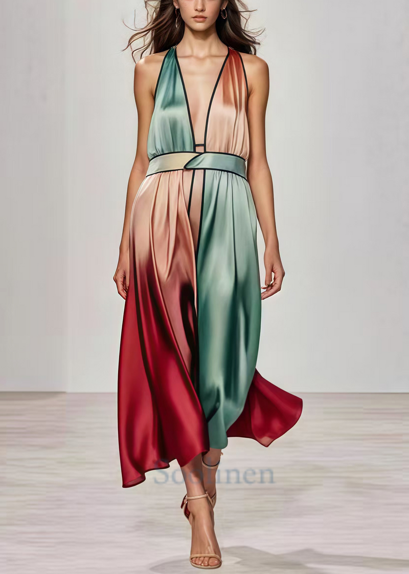 Original Design Gradient Color Deep-v Neck Patchwork Silk Halter Dresses Summer