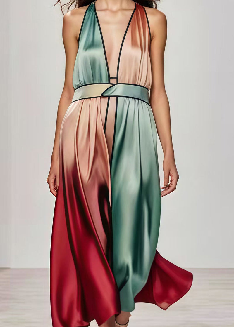 Original Design Gradient Color Deep-v Neck Patchwork Silk Halter Dresses Summer