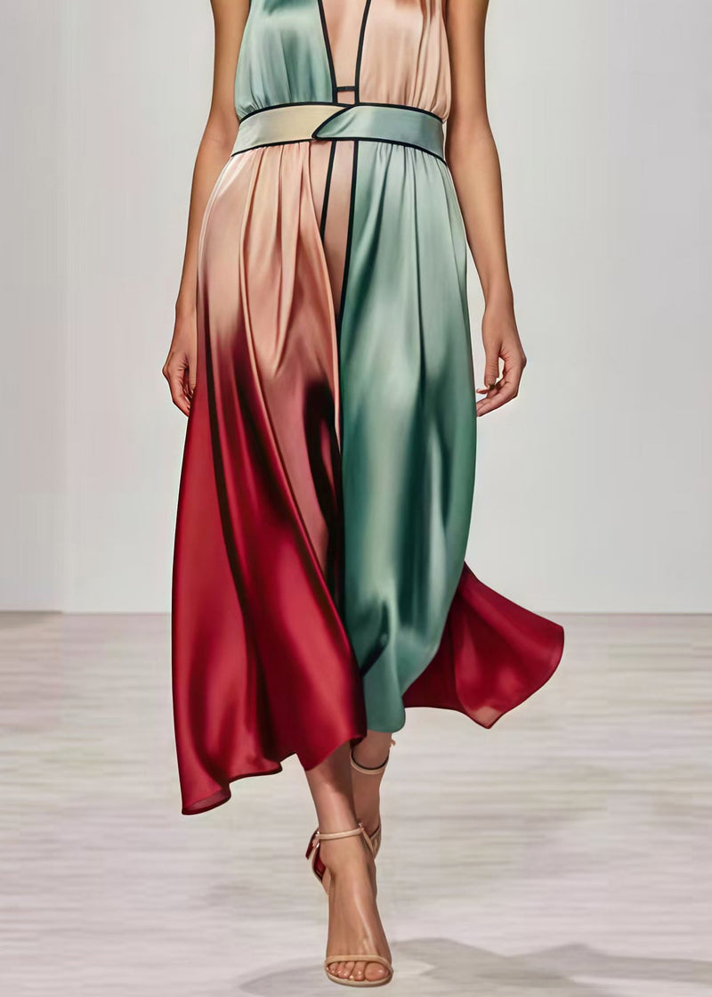 Original Design Gradient Color Deep-v Neck Patchwork Silk Halter Dresses Summer