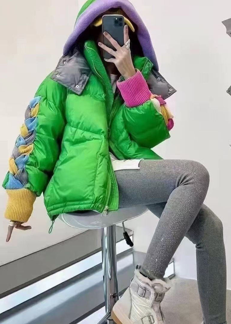 Original Design Green Hooded Patchwork Cotton Blend Down Coat Winter