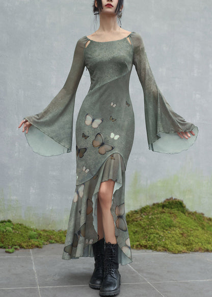 Original Design Green O-neck Butterfly Tulle Maxi Dresses Flare Sleeve