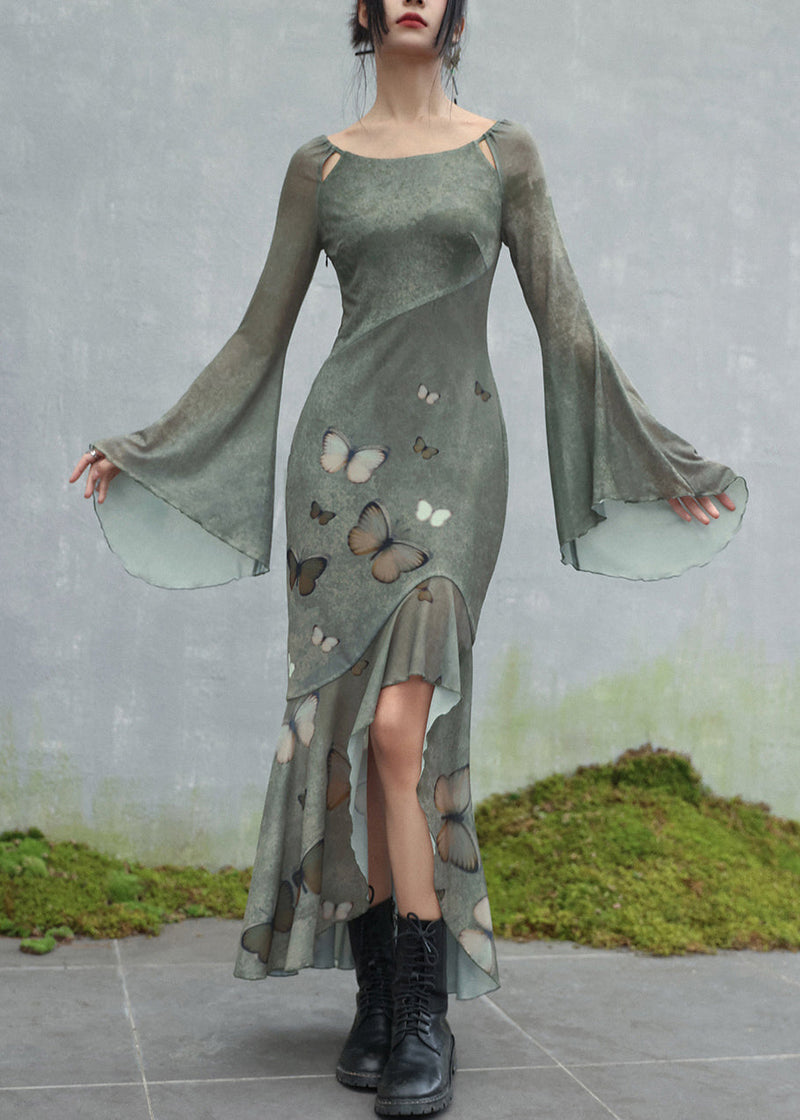 Original Design Green O-neck Butterfly Tulle Maxi Dresses Flare Sleeve