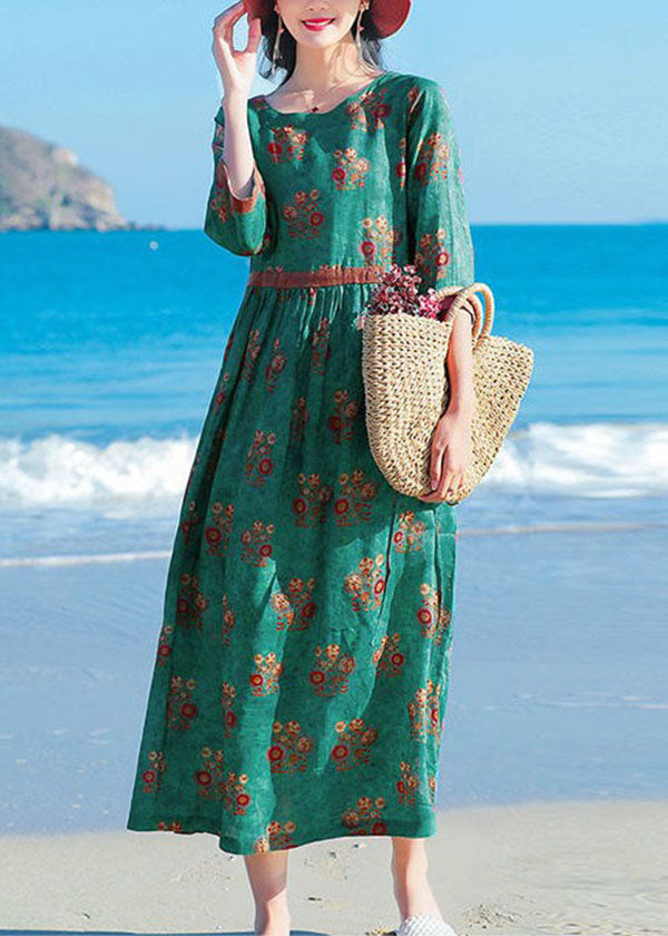 Original Design Green O-neck Print Tie Waist Cotton Linen Holiday Dresses Half Sleeve