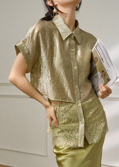Original Design Green Peter Pan Collar Lace Patchwork Fake Two-piece Shirts Summer