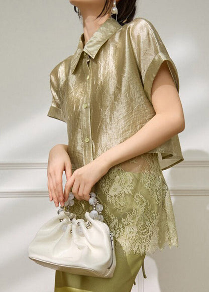 Original Design Green Peter Pan Collar Lace Patchwork Fake Two-piece Shirts Summer