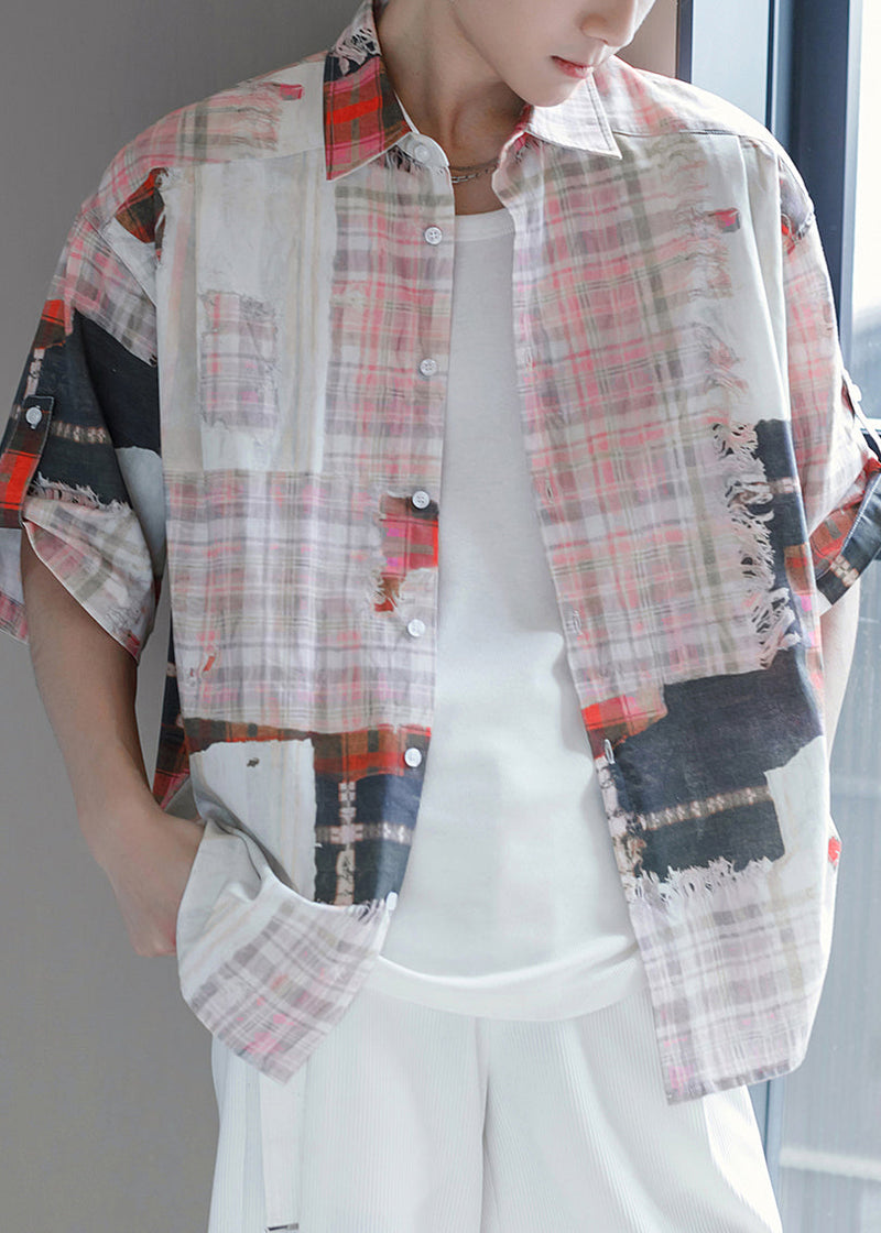 Original Design Green Plaid Button Cotton Shirts Half Sleeve