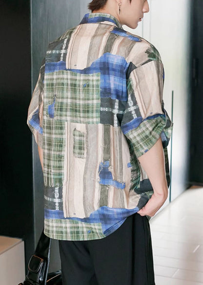 Original Design Green Plaid Button Cotton Shirts Half Sleeve