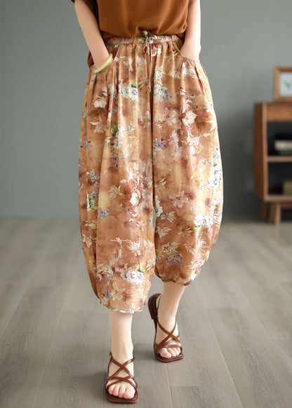 Original Design Green Pockets Print Linen Crop Pants Summer