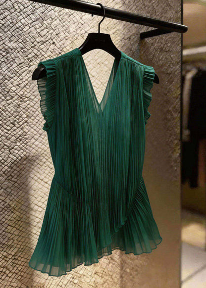 Original Design Green V Neck Slim Tulle Top Summer