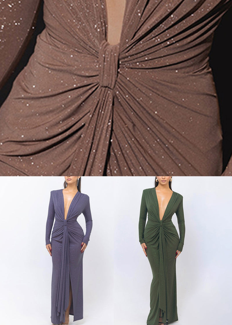 Original Design Green Wrinkled Side Open Robe Dresses
