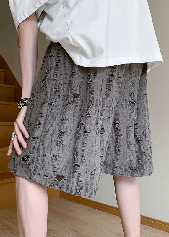 Original Design Grey Hole Elastic Waist Cotton Shorts Summer