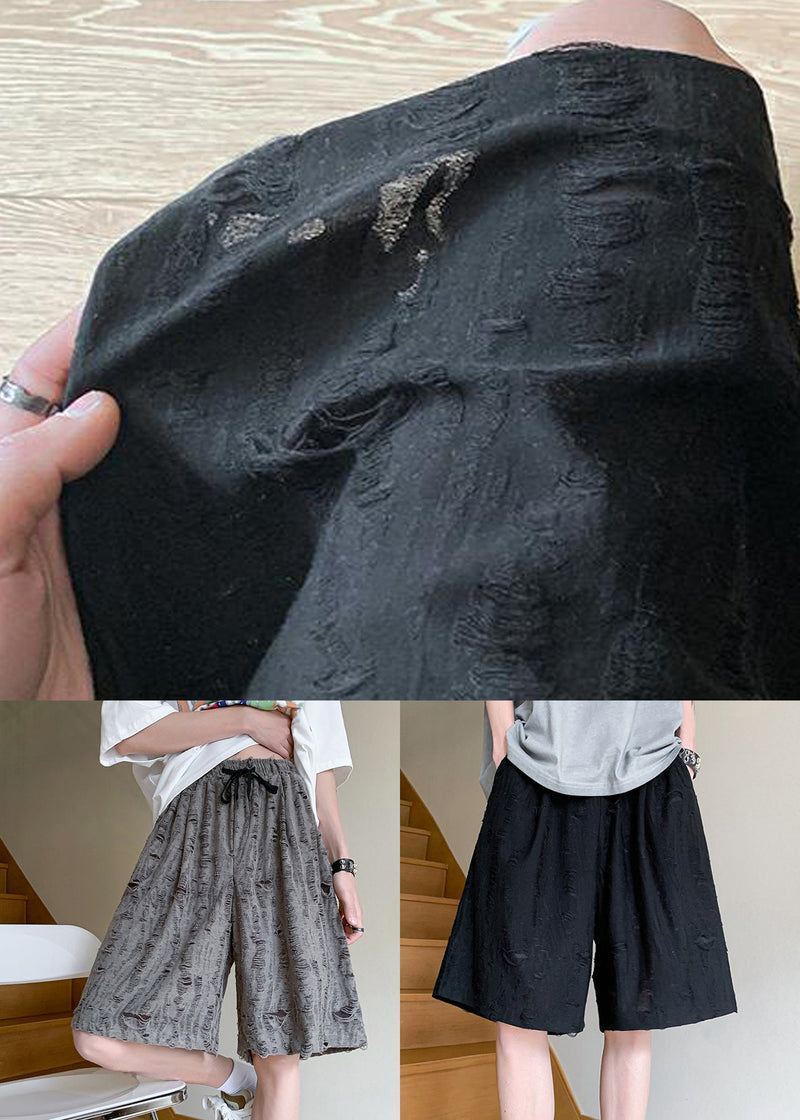 Original Design Grey Hole Elastic Waist Cotton Shorts Summer