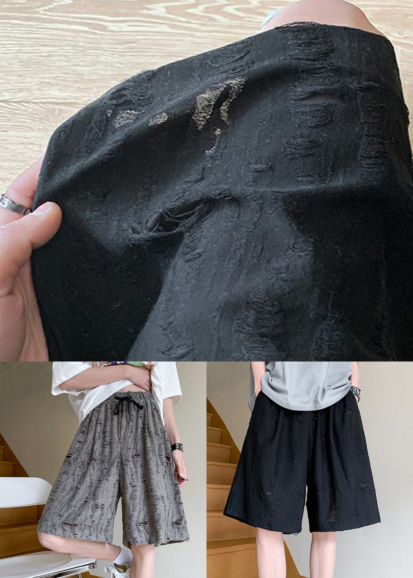 Original Design Grey Hole Elastic Waist Cotton Shorts Summer