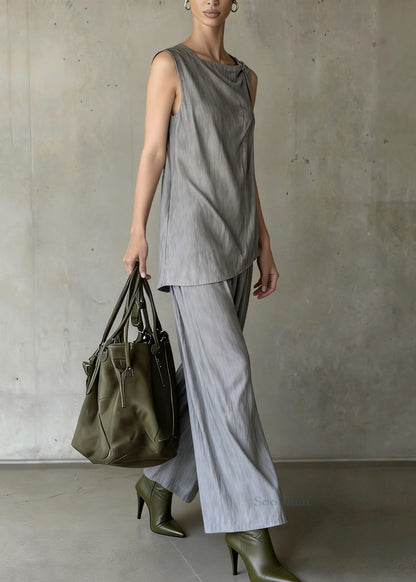 Original Design Grey Tops and Wide Leg Pants Cotton Two Pieces Set Sleeveless