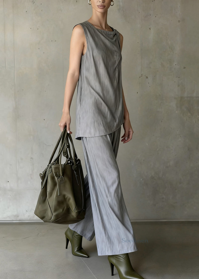 Original Design Grey Tops and Wide Leg Pants Cotton Two Pieces Set Sleeveless