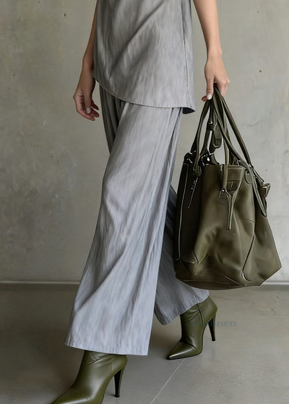 Original Design Grey Tops and Wide Leg Pants Cotton Two Pieces Set Sleeveless