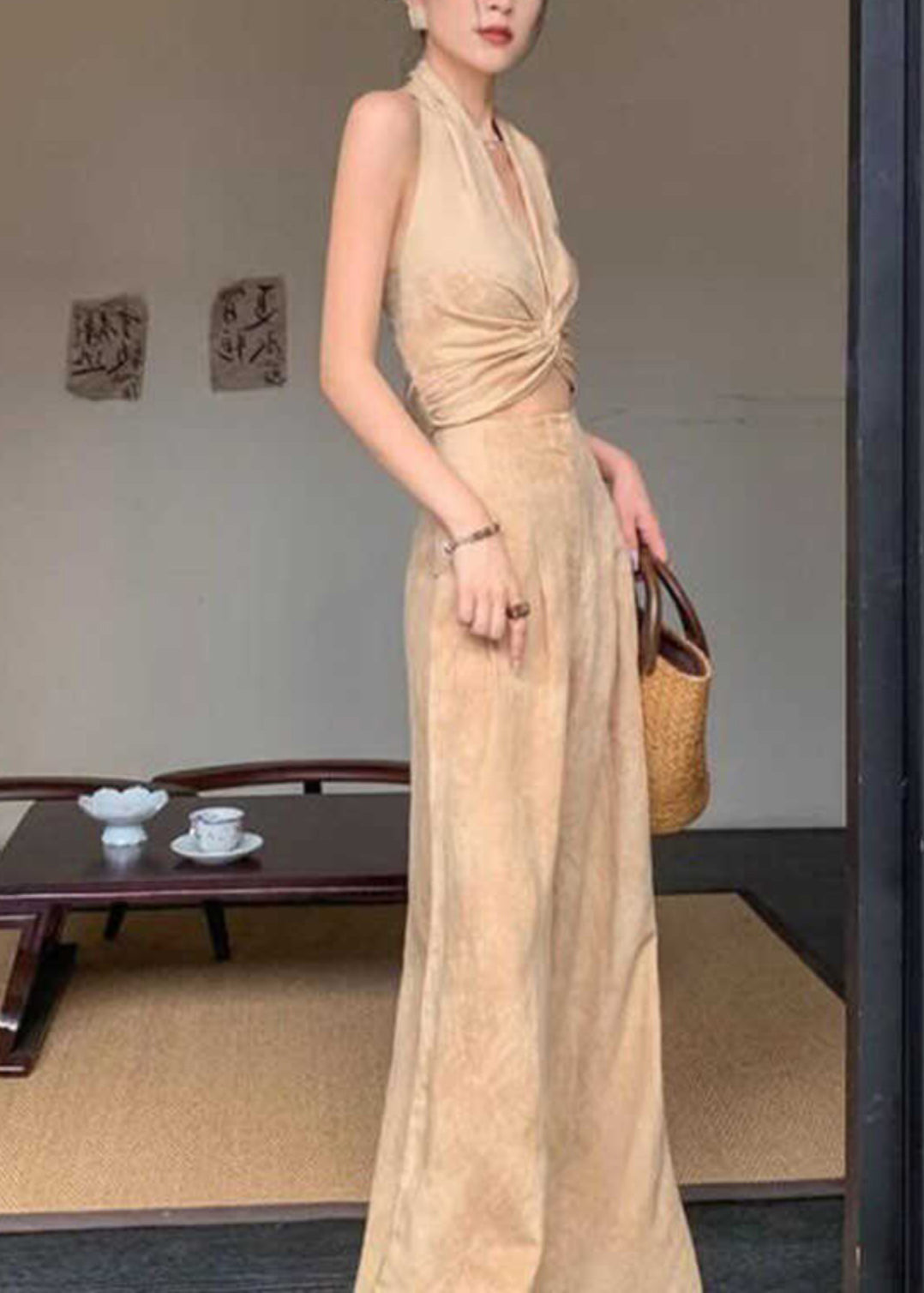 Original Design Halter Print Wrinkled Vest and Wide Leg Pants Two Pieces Set Sleeveless
