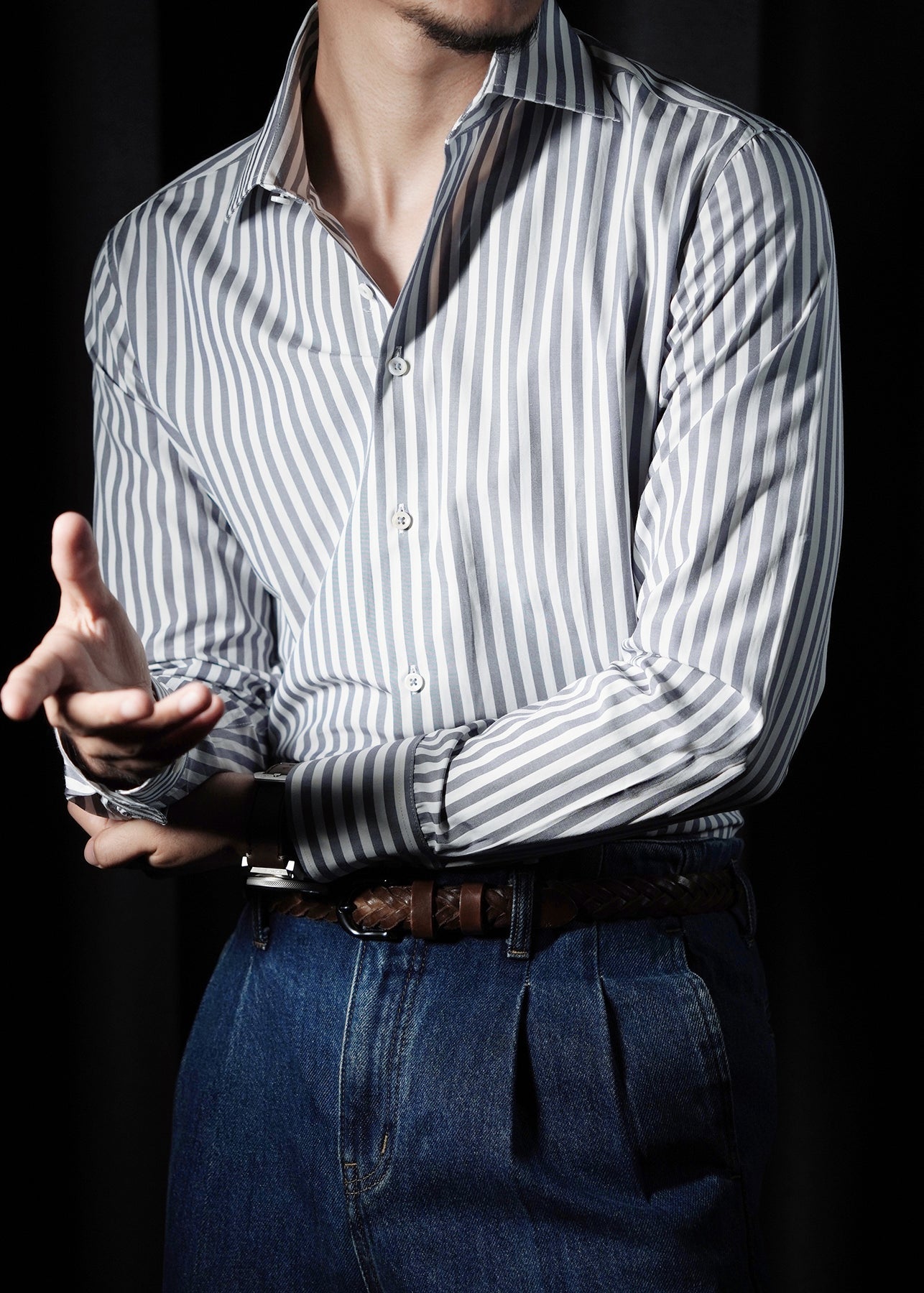 Original Design Haze Blue Striped Button Cotton Men Shirts Fal