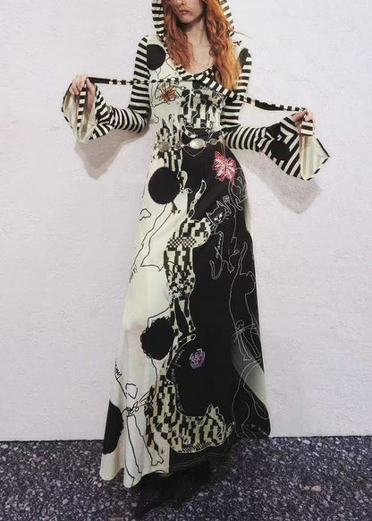Original Design Hooded Print Cotton Dress Flare Sleeve