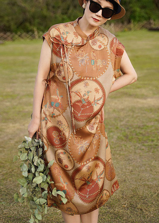 Original Design Khaki Mandarin Collar Print Side Open Silk Dresses Sleeveless