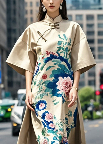 Original Design Khaki Mandarin Collar Print Silk a Line Dress Spring