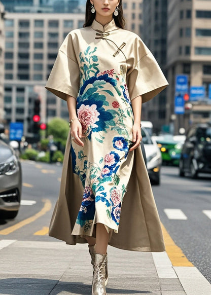 Original Design Khaki Mandarin Collar Print Silk a Line Dress Spring