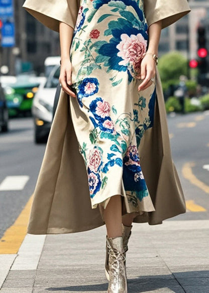 Original Design Khaki Mandarin Collar Print Silk a Line Dress Spring