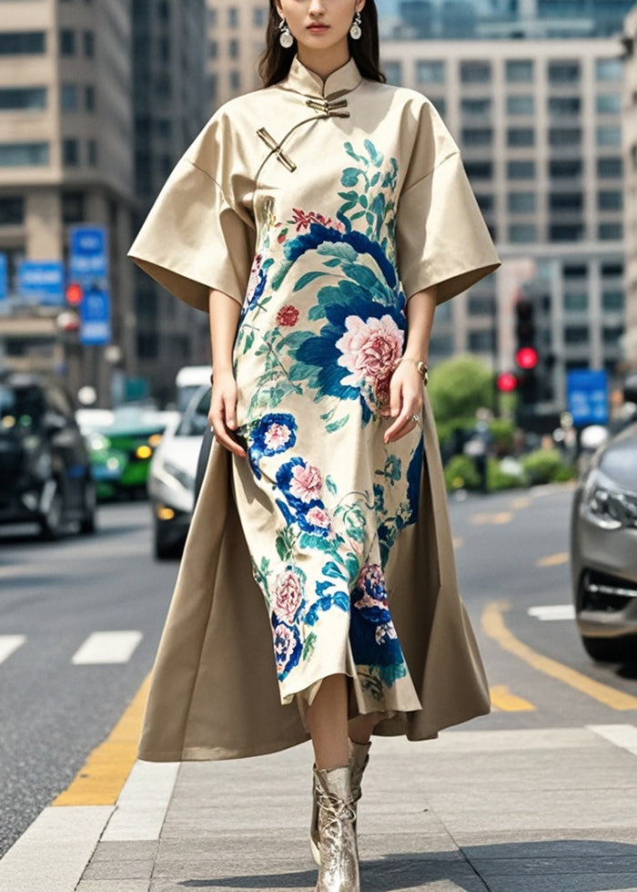 Original Design Khaki Mandarin Collar Print Silk a Line Dress Spring