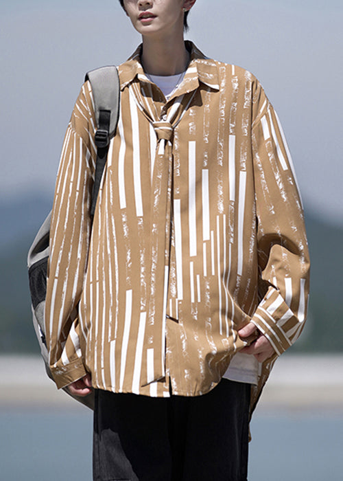 Original Design Khaki Peter Pan Collar Striped Cotton Men Shirts Spring