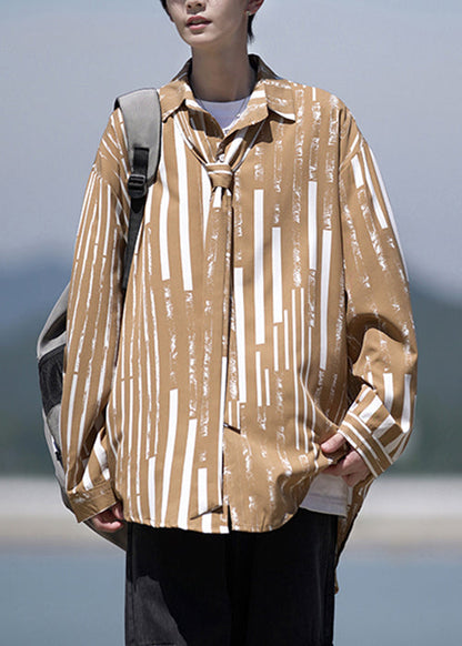 Original Design Khaki Peter Pan Collar Striped Cotton Men Shirts Spring