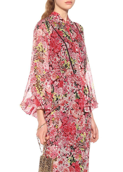 Original Design Lace Up Print Silk Ankle Dress Lantern Sleeve