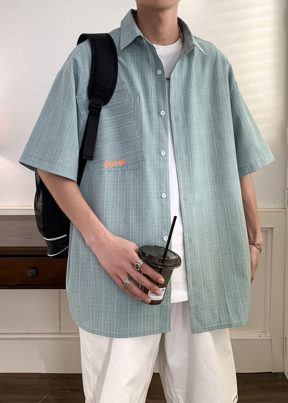 Original Design Light Green Plaid Button Cotton Shirts Summer