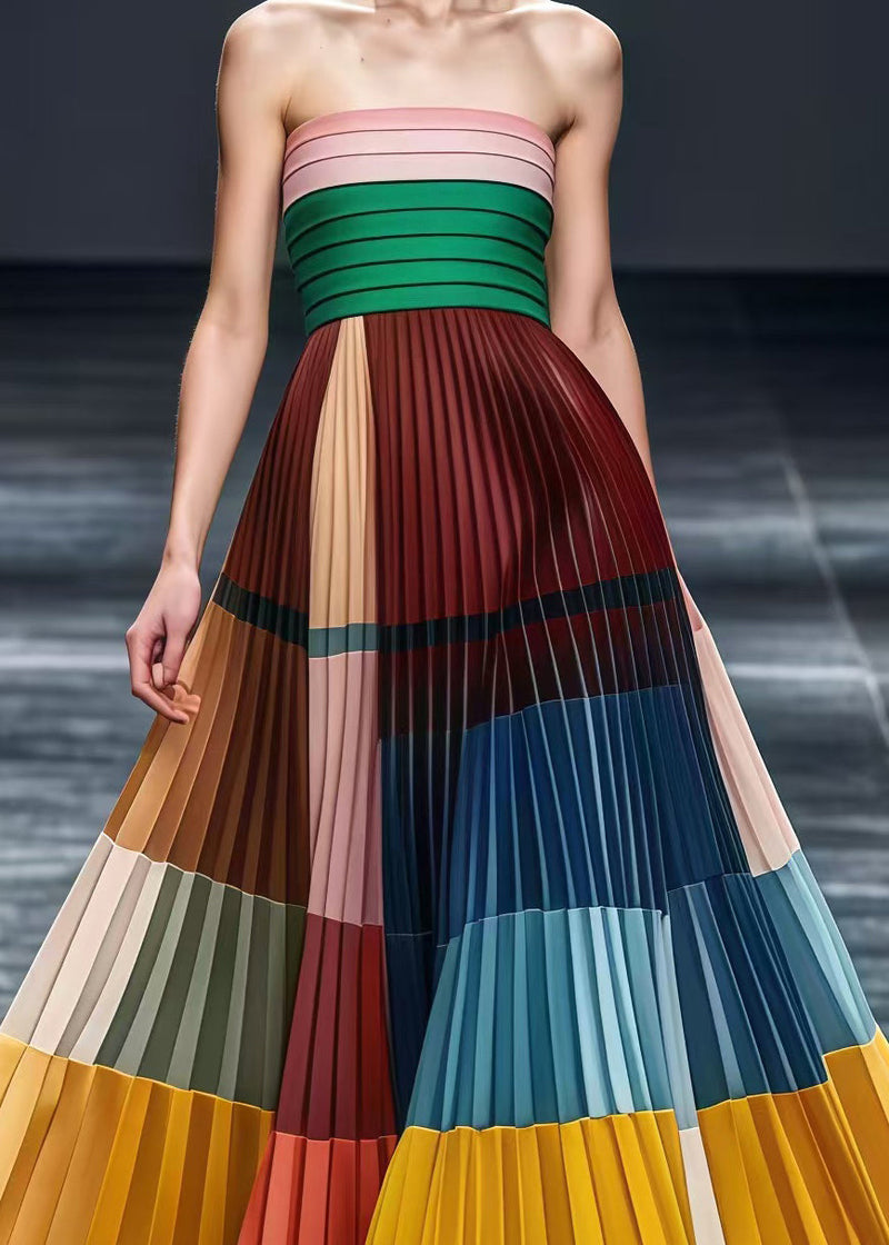 Original Design Multicolor Patchwork Wrinkled Chiffon Strapless Dresses